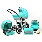 Lux4Kids Kinderwagen 3 in 1 Kombi Komplettset mit Autositz Isofix 2in1 Babywanne Babyschale Buggy Buggy Baby Larmax Mint 3in1 mit Babyschale