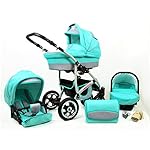 Lux4Kids Kinderwagen 3 in 1 Kombi Komplettset mit Autositz Isofix 2in1 Babywanne Babyschale Buggy Buggy Baby Larmax Mint 4in1 Autositz +Isofix