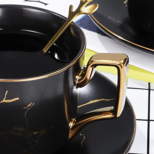 Lanliebao 8.5 Oz Golden Hand Print Tea Cup With Saucer Set And Cup And Ceramics Saucer Set Microwave Safe Black (Set Of 4) #TOP4