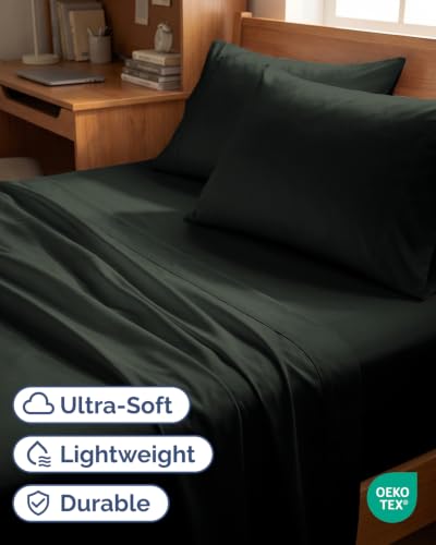 Image of Twin 4 Piece Bed Sheet Set - Breathable & Cooling Sheets - Forest Green
