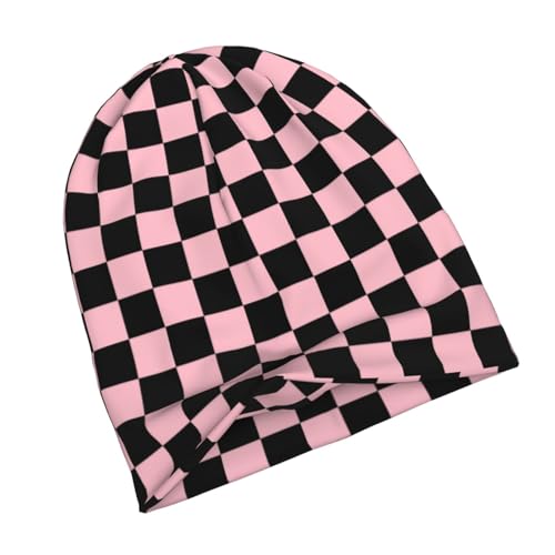 Pink Checkered Beanie Chemo Hats for Women Men Slouchy Cancer Headwear Stretchy Skull Cap Soft Knitted Hat Nightcap Chemo Gifts — view 2