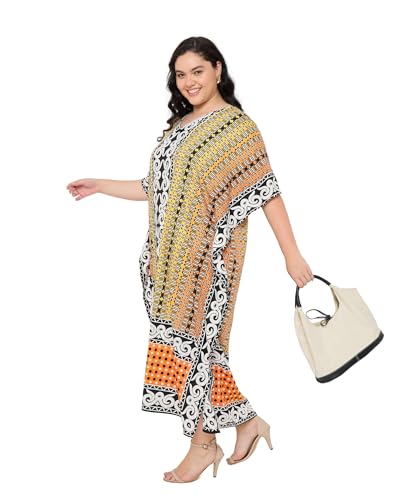 Image of Gypsie Blu Women Plus Size Kaftan Dress Beach Cover Up Maxi Dresses for Women, V-Neck Kimono Sleeve 1X-3X