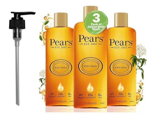 Pears Pure & Gentle Moisturising Liquid Body Wash - Enriched with Glycerin and Natural Oils 10x More Moisturiser* - Soap-free Cleanser Ideal for Men and Women | 250ml (3 Pack) + Dispenser Pump