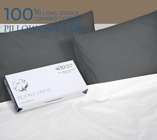 Image of Royale Linens 400 Thread Count 100% American Grown Cotton Queen Pillowcase Set - Luxury Sateen Queen Pillow case - 20 inchx30 inch Inch - Soft & Smooth Set of 2 Grey Pillowcases - (Queen, Spanish Slate)