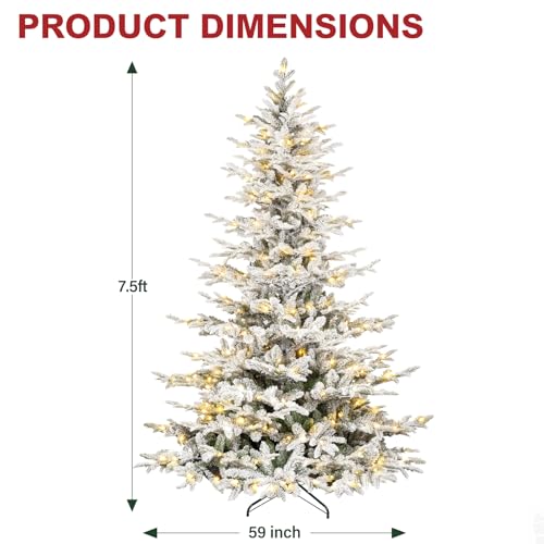 Hykolity 7.5 ft Snow Flocked Aspen Fir Christmas Tree, Prelit Artificial Christmas Tree with 450 Warm White Lights, 1173 PE & PVC Branch Tips, Metal Stand and Hinged Branches