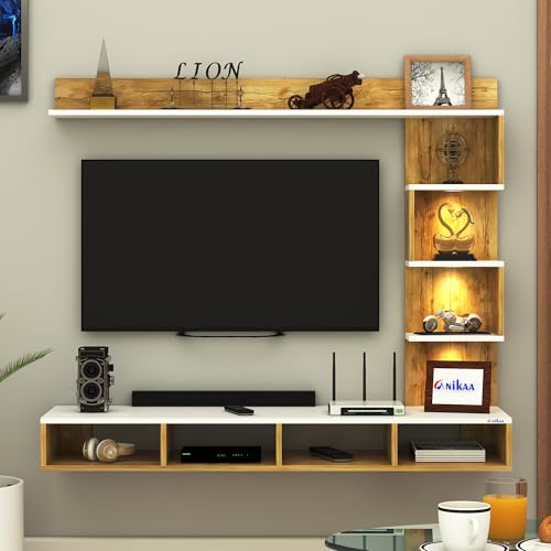 Image of Anikaa Laura Engineered Wood Wall Mount TV Unit LED Light TV Cabinet Wall TV Stand - (Giantwood /White) (Ideal for 43 Inch)(D.I.Y)