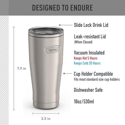 Image of THERMOS ICON SERIES, Stainless Steel Tumbler with Slide Lock, 18 Ounce, Matte Stainless Steel