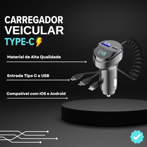 Carregador Veicular Type-C 3 em 1 – Prático e Compatível com 12-24V, Ideal para Carregar Diversos Di