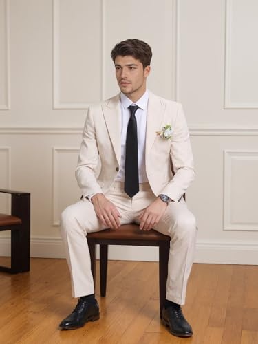 Mens Linen Suit 2 Piece Slim Fit Lightweight Summer Beach Wedding Groomsmen Prom Tuxedos Blazer Pants Set4