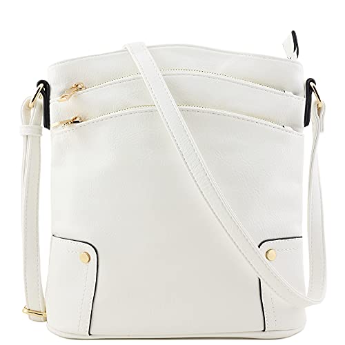 Grand sac bandoulière ALYSSA blanc avec trois poches zippées pour optimiser votre rangement
