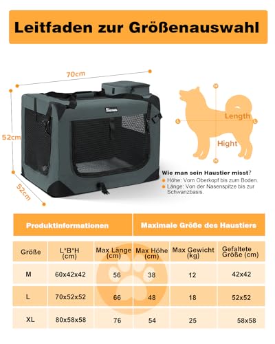 Reerooh Hundebox L 70x52x52cm, Faltbar Hundetransportbox Inkl.Hundenapf, Tragbare Hundetasche für Reisen, Hunde und Katzen Auto Haustiertransportbox (L, Grau)