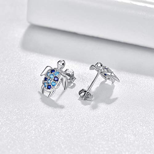 925 Sterling Silver Turtle Studs Earrings with Graduated Blue Cubic Zirconia, Sea Tortoise Nautical Jewelry Mother Day for Women Mom Wife Girlfriend with Box2
