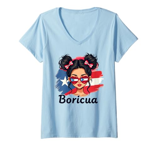 Womens Puerto Rico Hispanic Heritage Messy Bun Puerto Rican Girls V-Neck T-Shirt