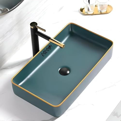 Image of OSOSAM Designer Ceramic Tabletop Basin - Green & Gold Line Slim Rim Vessel Sink for Bathroom & Living Room (24x14x5.5 Inch)