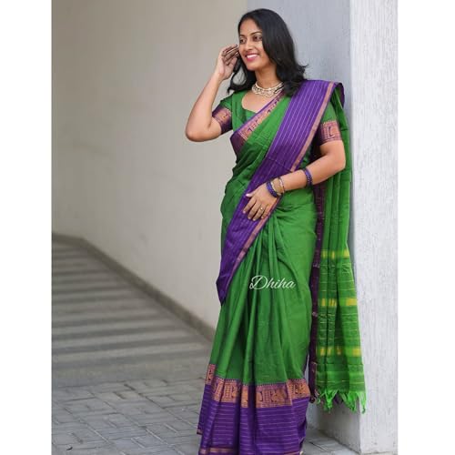 Image of Narayanpet Pure Cotton Avani Border Saree for Women with Running Blouse | Tassels | Traditional Woven Solid Design | Handloom Weave
