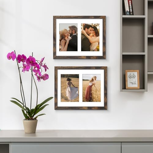 Image of DUENPY 8x10 Double Picture Frame For Displaying Double 4x6 Picture Frame for Wall Mounting or Tabletop, Brown.
