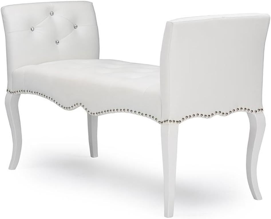 BOWERY HILL Contemporary Faux Leather Tufted Bench, White Finish, Hardwood and Plywood Frame, Button-Tufted Seat and Armrest, Silver Nail Head Trim, Elegant Living Room or Entryway Seating