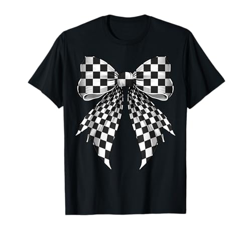 Coquette Bow Black White Checkered Pattern T-Shirt