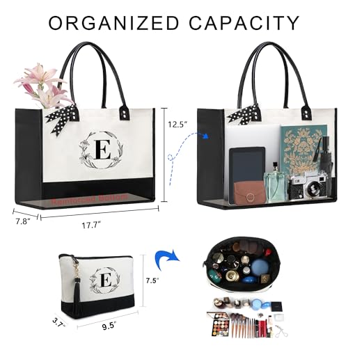 Image of BeeGreen Personalized Gift for Women Initial Monogram Tote Bag for Mothers Day Gifts Mother Grandma Mom Friends with Inner Zipper Pocket & Leather Handles Letter E