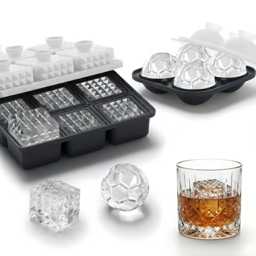 Image of Premium Combo of Large 3D Crystal Square Ice Cube Tray & Football Shaped Silicone Molds for Chilling Drinks, Chocolates, Juice, Jelly and Many More. Pack of 2 (Black)
