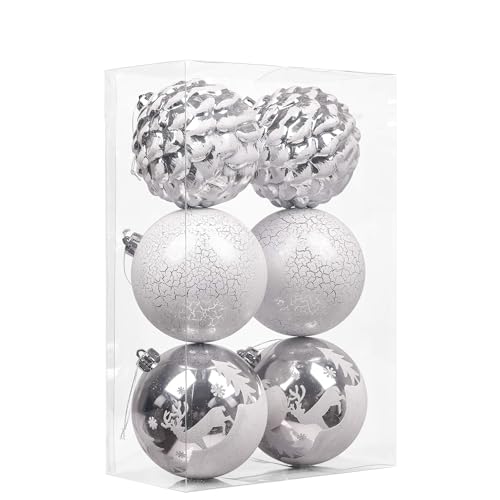 Valery Madelyn 6ct 100mm Frozen Winter Silver White Shatterproof Christmas Ball Ornaments Decoration,Themed with Tree Skirt(Not Included)
