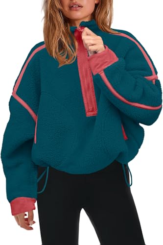 Panadila Womens Half Zip Sherpa Fleece Pullover Soft Oversized Sweatshirt with Pockets Warm Fuzzy Sweater (Teal,S)