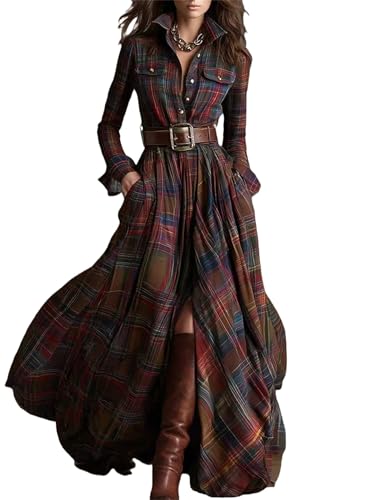 Maxikleid für Damen, langärmelig, V-Ausschnitt, Knopfleiste vorne, kariert, Retro, Western-Stil, Cowgirl, französischer pastoraler Ethno-Stil, Rot...