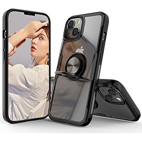 Compatible with Phone 13 Case, Carbon Fiber Design Clear Crystal Anti-Scratch Case with 360 Degree Rotation Ring Kickstand (Work with Magnetic Car Mount) for iPhone 13 6.1inch, Black Cover