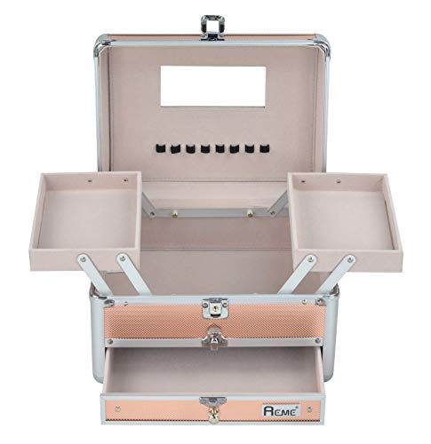 Reme Makeup Train Case Cosmetic Organizer Box With Trays and Drawer Cosmetic Storage Case - Gold