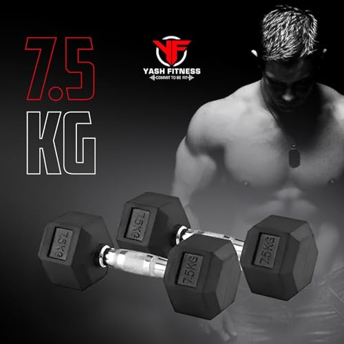 Image of Set Of 2 Rubber Professional Hexa Dumbbells | Fixed Weight Dumbbell | Dumbbells Set For Home Gym & Gym Training | Gym Equipment Dumbbells Set | Durable Dumbbell Set (7.5 Kg)