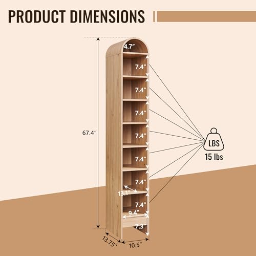 Image of IFBUY 67 inch Tall Arched Bathroom Storage Cabinet, 8-Tier Modern Farmhouse Storage Cabinet with Adjustable Shelves, Wood Freestanding Cabinet for Bathroom, Living Room, Entryway, Hallway (Natural)