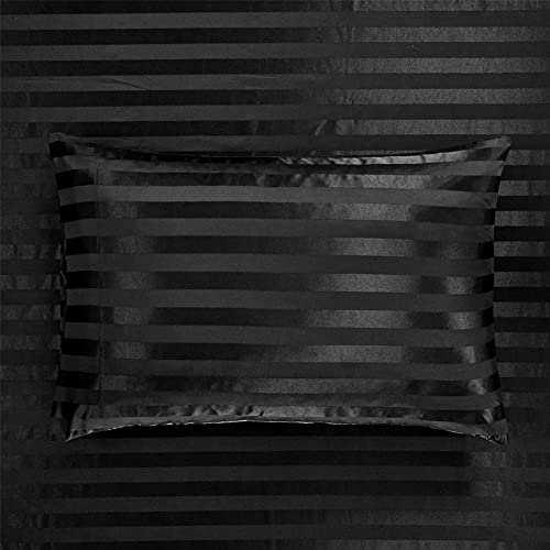 Aimay 6 Piece Satin Italian Style Bed Sheet Set Deep Pocket Stripes 1800 Luxury Rich Silk 1 Flat Sheet 1 Fitted Sheet 4 Envelope Pillowcases Stain-Resistant Wrinkle Free (Queen,Black) #TOP7