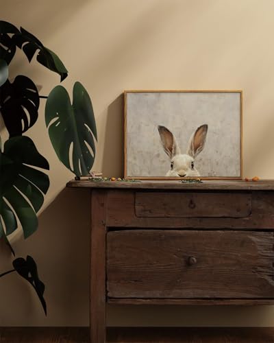 Image of KISSFOX Framed Wall Art Vintage Wall Decor Rabbit Pictures Easter Bunny Canvas Art Rustic Animal Paintings Retro Artwork For Bedroom Living Room Kitchen