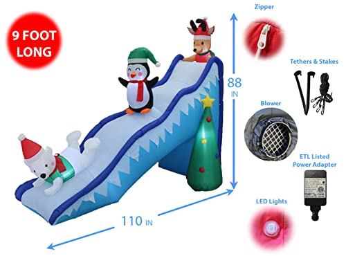 Bzb Goods 9 Foot Long Christmas Inflatable Penguin Reindeer Polar Bear Christmas Tree Fun Trio Slide Scene Decor Outdoor Indoor Holiday Decorations, Blow Up Lighted Yard Giant Home Lawn Inflatable #TOP1