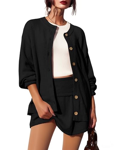 Image of Womens Sweater Set 2 Piece Long Sleeve Mini Skirt Set Button Down Cardigan and Skort Sets Matching Sets