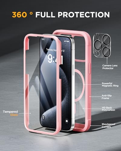 Image of Miracase Magnetic for iPhone 15 Pro Max Case 6.7'' [Compatible with Magsafe] Full-Body Military Drop Proof for iPhone 15 ProMax Case with Built-in 9H Tempered Glass Screen Protector,Pink