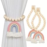BDHRKTE 2 Pieces Wooden Beaded Curtain Tiebacks, Tassel Curtain Buckles Magnetic Curtain Buckles, Rainbow Tassel Curtain Tiebacks No Punch Decoration (Pink)