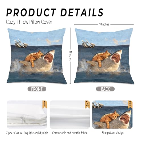 Foritho Funny Orange Cat Vs. Shark Meme Throw Pillow Covers 18x18, Humorous Gifts for Cat Shark Lovers, Funny Animal Renaissance Style Decorative Pillow Covers for Home Bedroom Living Room Office