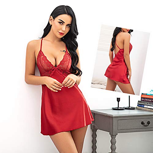 Avidlove Women Satin Nightgown Lace Babydoll Set Sexy Lingerie V Neck Teddy Strap Chemise XXL, Red