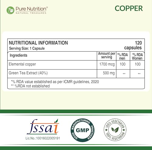 Image of Pure Nutrition Copper Supplements | Copper Tablets Capsules for Men & Women 1700mcg with Green Tea Extract | Support Connective Tissues, Brain Health, Boost Immunity - 120 Veg Capsules