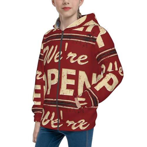 We Open Red Retro Kid Hoodies Boys Zip Up Sweatshirts Girls Pullover with Pocket