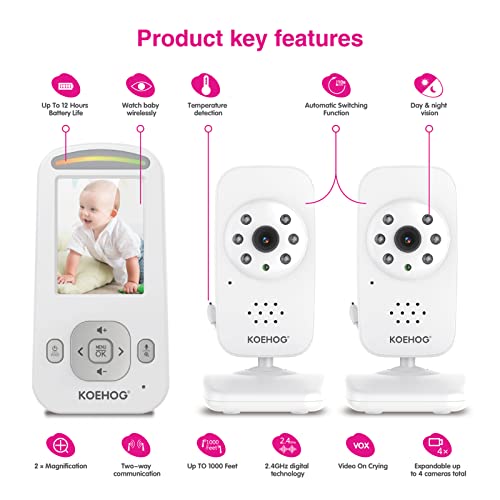 Axvue Video Baby Monitor, Slim Handheld, Non-Slip Design, 2.4" Vertical Screen Monitor & 2 Camera, Range Up To 1000Ft, 18 Hour Battery Life, 2-Way Talk, Night Vision, Temperature Monitor, No Wifi. #TOP1