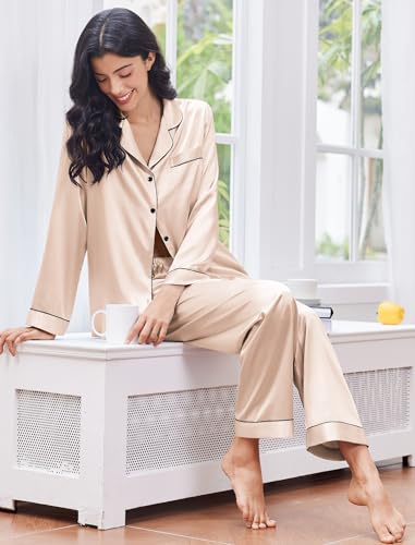 Image of Ekouaer Women's Classic Button Down Long Satin Silk Pajama Set