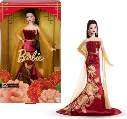 Barbie Signature Lunar New Year Fashion Doll Wearing Red Dress with Golden Peony Print Collectible Holiday Toy