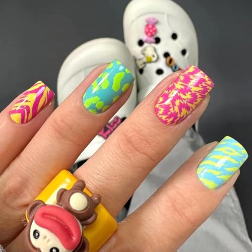 Summer Press on Nails Short Square False Nails Color Full Cover G...