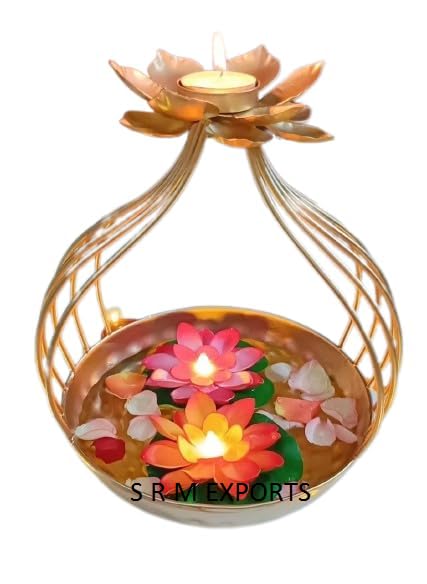 Image of Diya Shape Flower Decorative Urli Bowl /Handcrafted Bowl for Floating Flowers and Tea Light Holder Candles Home,Office and Table Decor| Diwali Decoration Items for Home T-Light Gold