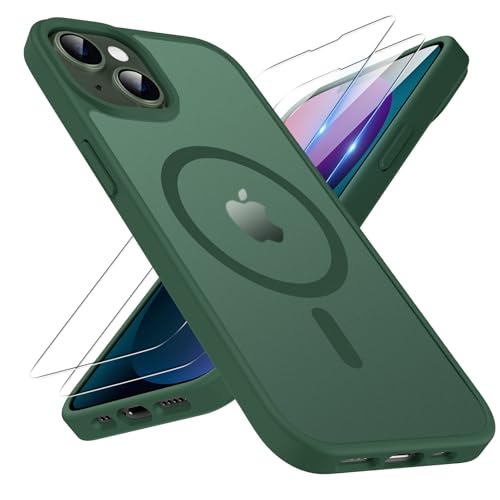 TQIAHF Magnetic Phone Case for iPhone 13 / iPhone 14 Case with 2 Tempered Glass Screen Protector Compatible with MagSafe Military Grade Translucent Matte Phone Cover,Green