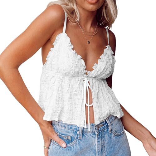 Women Tie Front Top Y2k Flowy Smocked Ruffle Backless Summer Going Out Tops