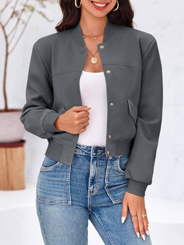 Image of Tankaneo Womens Cropped Bomber Jackets Casual Button Down Long Sleeve Stand Collar Varsity Shacket Coats