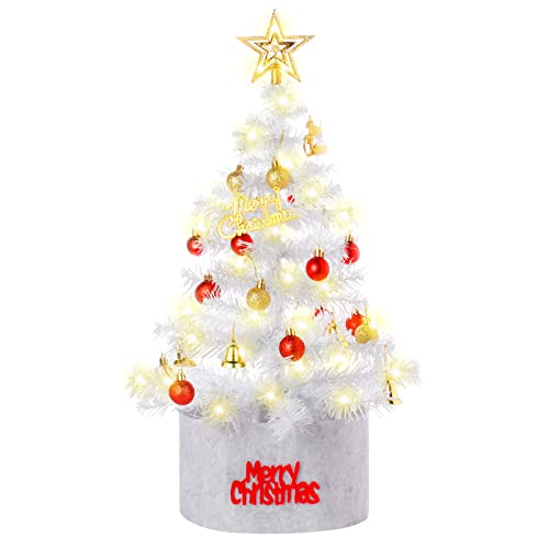 Becoyou Mini Sapin de Noel 60CM ,Blanc Petit Sapin de Noel Lumineux, Sapin de Noel Table avec Guirlandes Lumineuses et Ornements, Décoration de Noël pour Interieur Table Cover